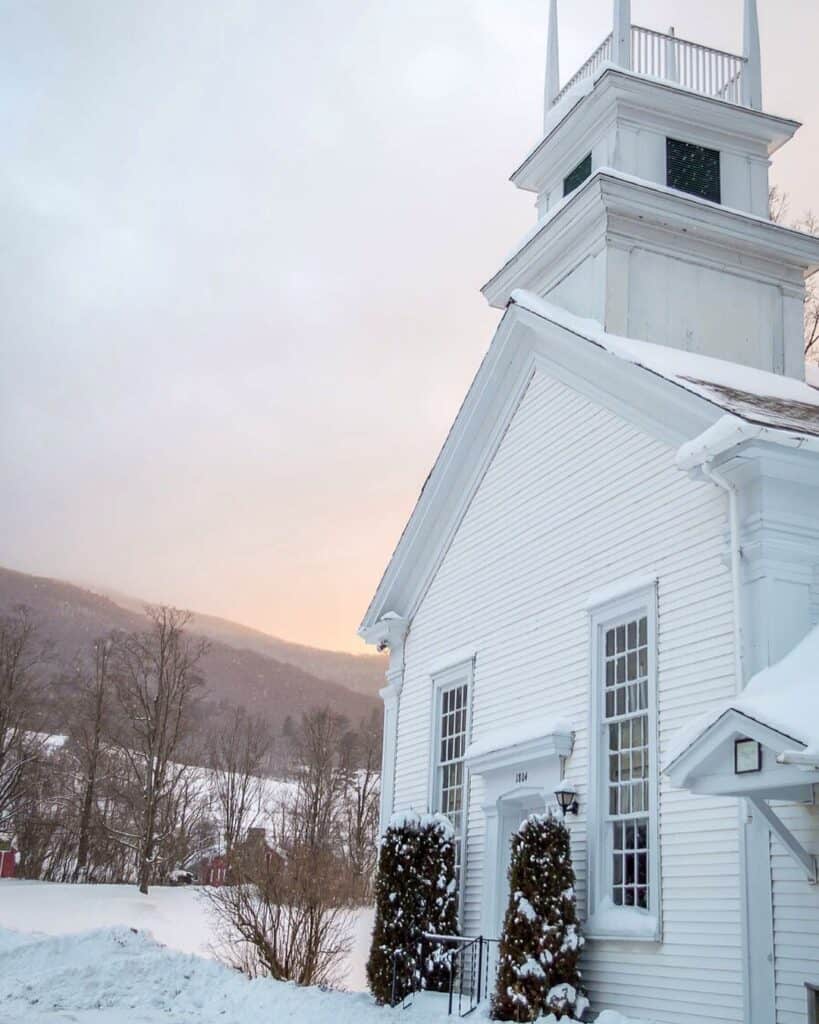 a snowy white church in vermont