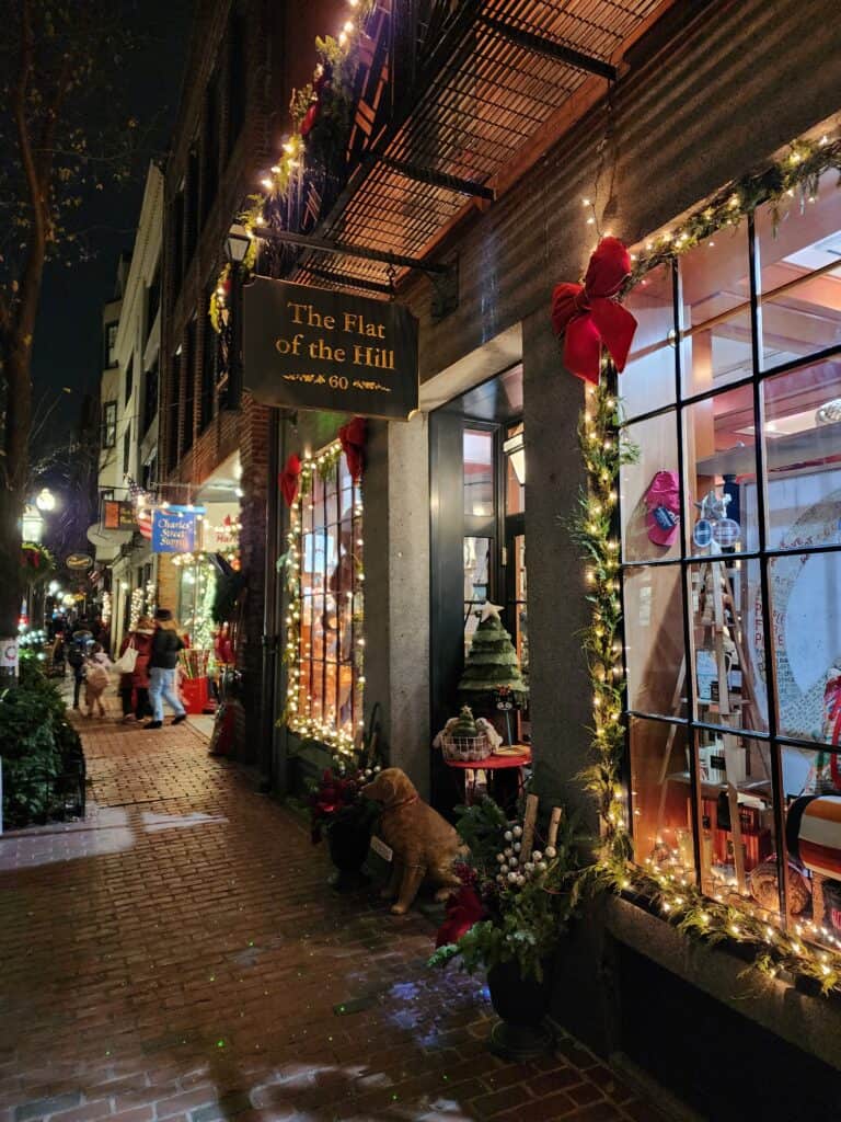Festively decorated store windows in Beacon Hill, the perfect feeling of Christmas in Boston MA