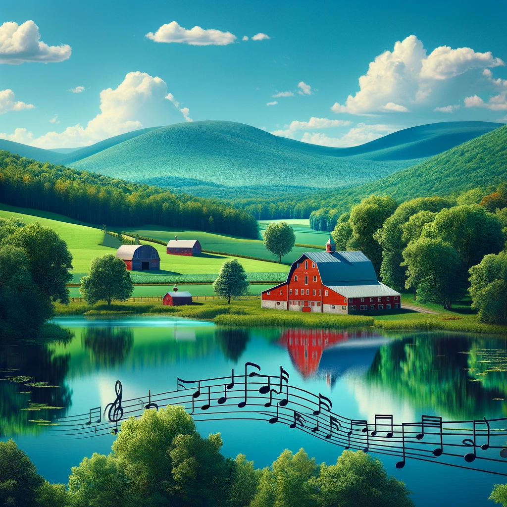 A vibrant New England farm scene with lush green fields and a reflective lake, where the tranquil water becomes a staff of musical notes, creating a visual New England playlist set against rolling hills and a clear blue sky