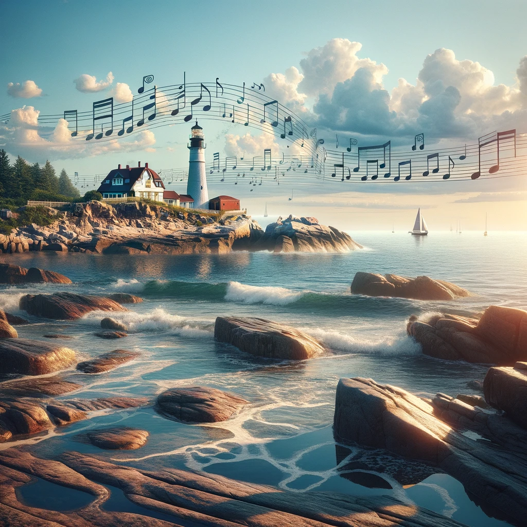 A picturesque New England coastline with a classic lighthouse and houses, overlaid with whimsical musical notes symbolizing songs about New England, as a sailboat glides on the tranquil sea under a cloud-sprinkled sky.