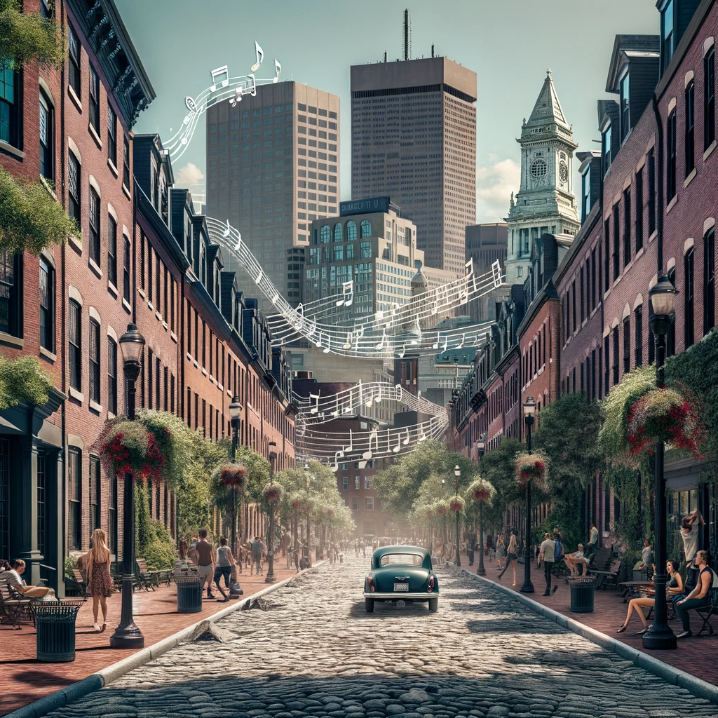 A charming cobblestone street in historic Boston, lined with red brick buildings and lush hanging flower baskets, under a whimsical canopy of musical notes that dance above, capturing the essence of a New England playlist.