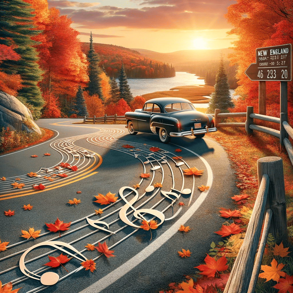 A serene autumn scene in New England with a vintage car parked on a winding road, where the road markings transform into musical notes amongst scattered fall leaves, evoking the harmony of New England songs.