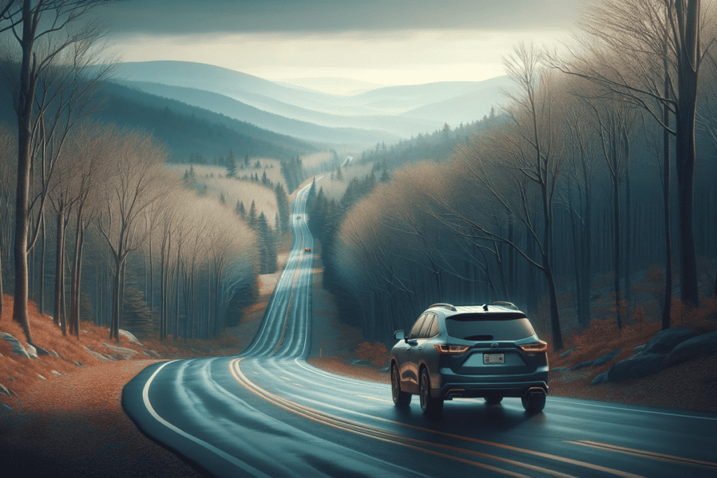 An SUV embarks on a serene New England road trip, winding through a misty, forest-lined road with rolling hills in the distance.  the trees are bare and it appears to be late autumn. The scene captures the tranquil beauty of a chilly morning drive