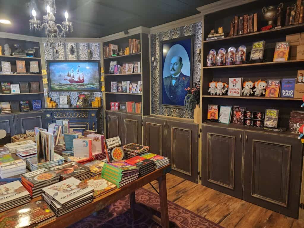 The inside of Alice's Little Haunted Bookshop in Mystic, Connecticut