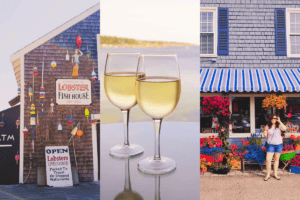 A collage showcasing the charm of the best beach towns in New England: On the left, a quaint Lobster and Fish House adorned with colorful buoys and a sign inviting customers to purchase live or cooked lobsters. The middle picture captures the essence of coastal leisure with two glasses of white wine, set against a backdrop of a serene sea view. To the right, a vibrant flower shop under a classic blue and white striped awning, with a cheerful patron posing in front, encapsulates the lively spirit and picturesque settings these towns are celebrated for.