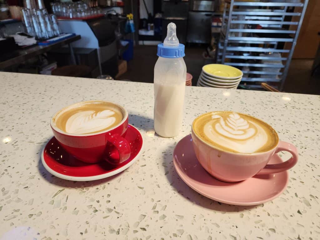 Two cups of coffee with latte art and a baby bottle sit on a counter at Brio Coffeeworks in Burlington, Vermont