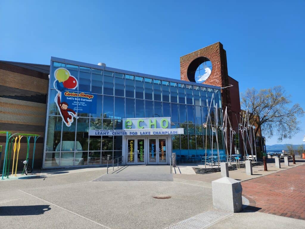 A children's science center, ECHO LEAHY Center for Lake Champlain in Burlington Vermont on a sunny day.