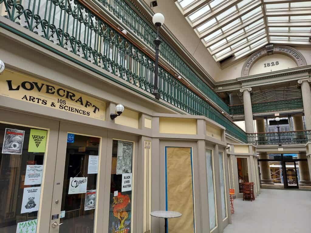 The exterior of Lovecraft Arts & Sciences in the Arcade Providence, Rhode Island