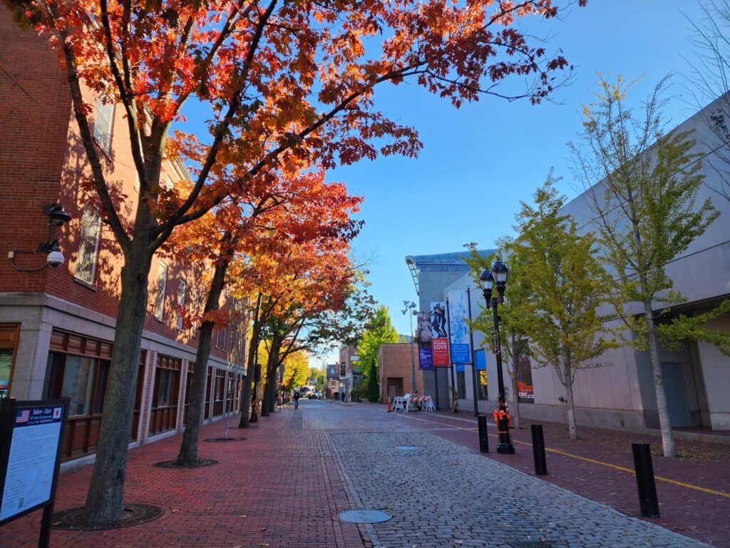 A quiet historic street in Salem, Massachusetts with fall foliage in the trees