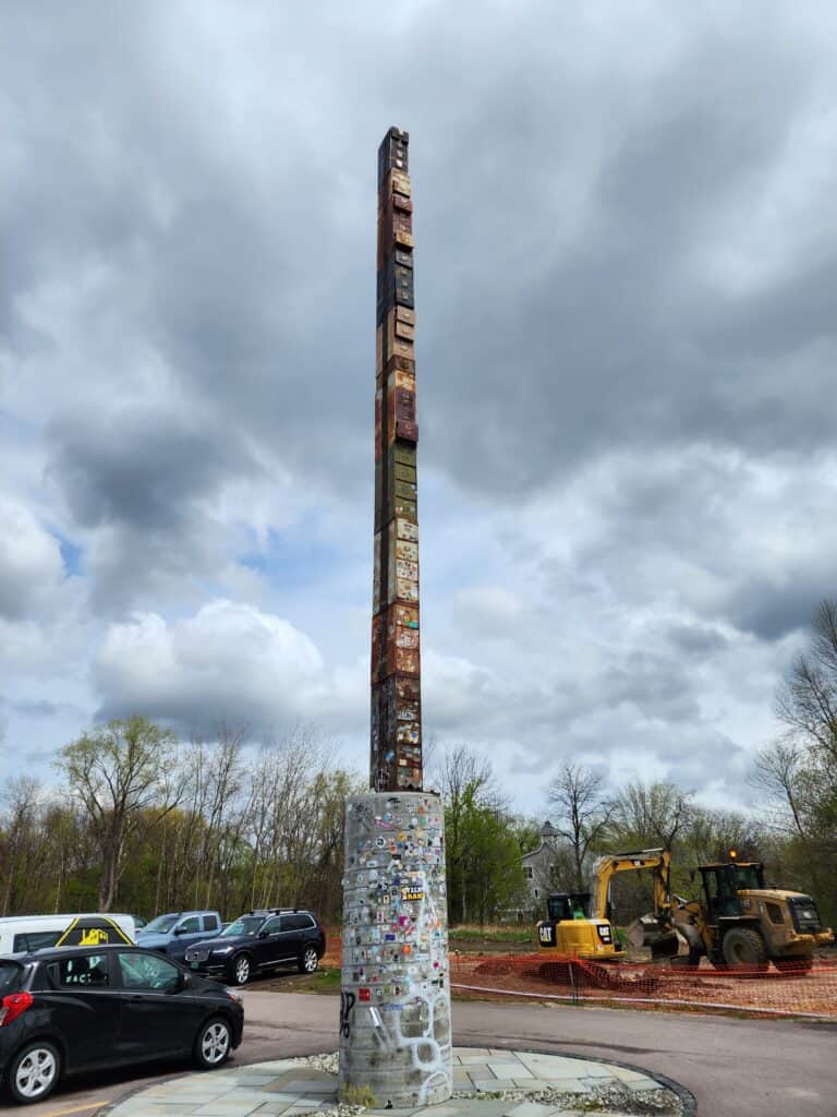 The World's Tallest Filing Cabinet statue in Burlington, Vermont on a cloudy day